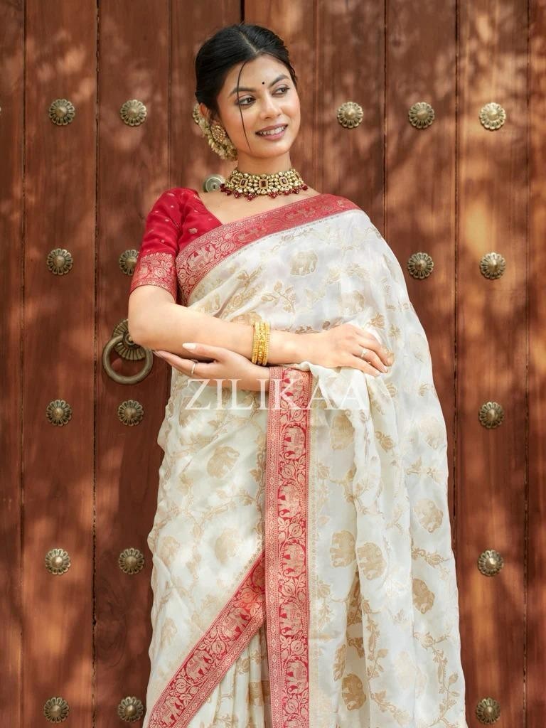 Red & Off-White Pure Silk Saree for Women – Traditional Indian Ethnic Wear