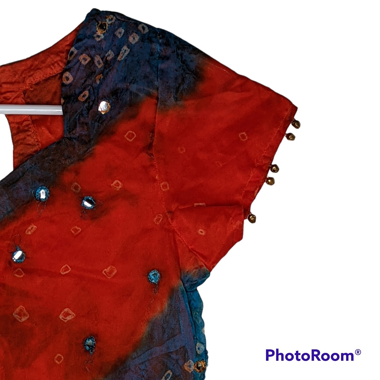 Indian Kurti Tunic Top Dress Women’s Sz 38 Red Blue Short Sleeves Bells Lined