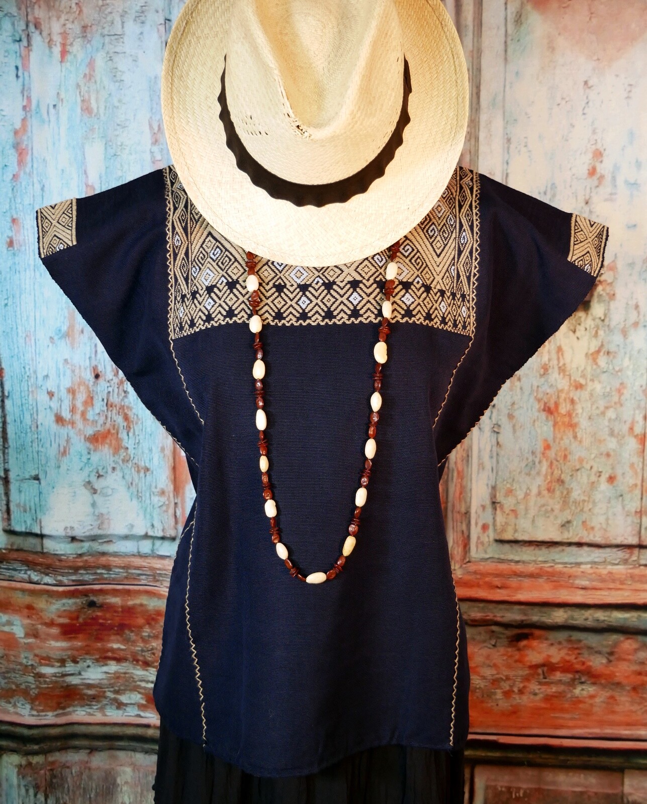 Huipil Top Mayan Navy & Brown Color Handwoven Backstrap Loom Chiapas Mexico S/M