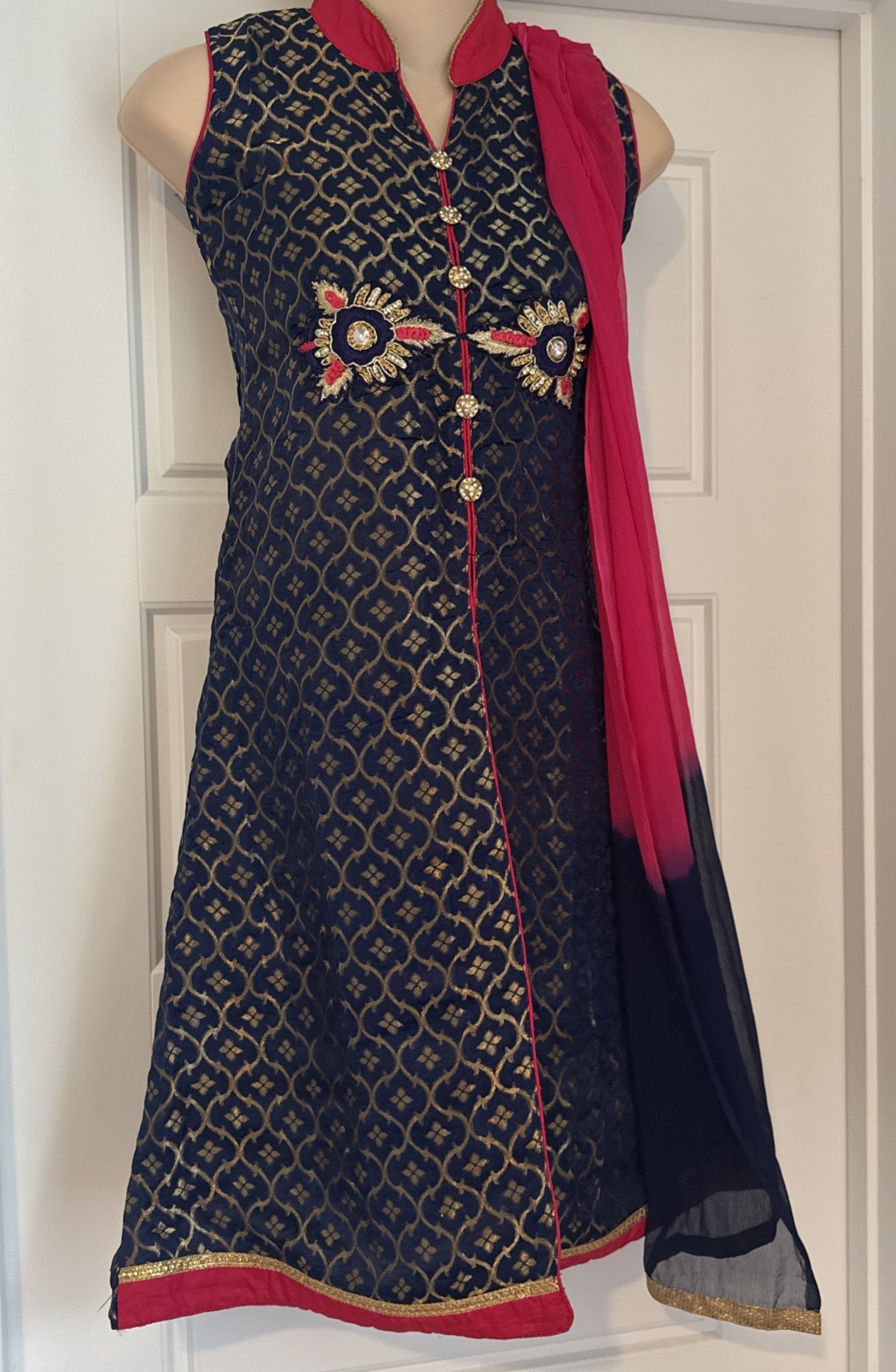 Blue Pink Kurta W Dupatta Tunic Sz 30 Medallion Gold Metallic