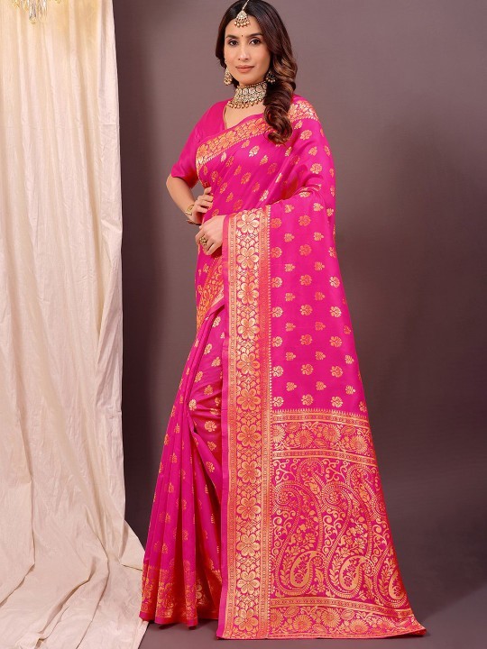 Ethnic Motifs Woven Design Zari Kanjeevaram Saree Pink & Gold Tone Free Shipping