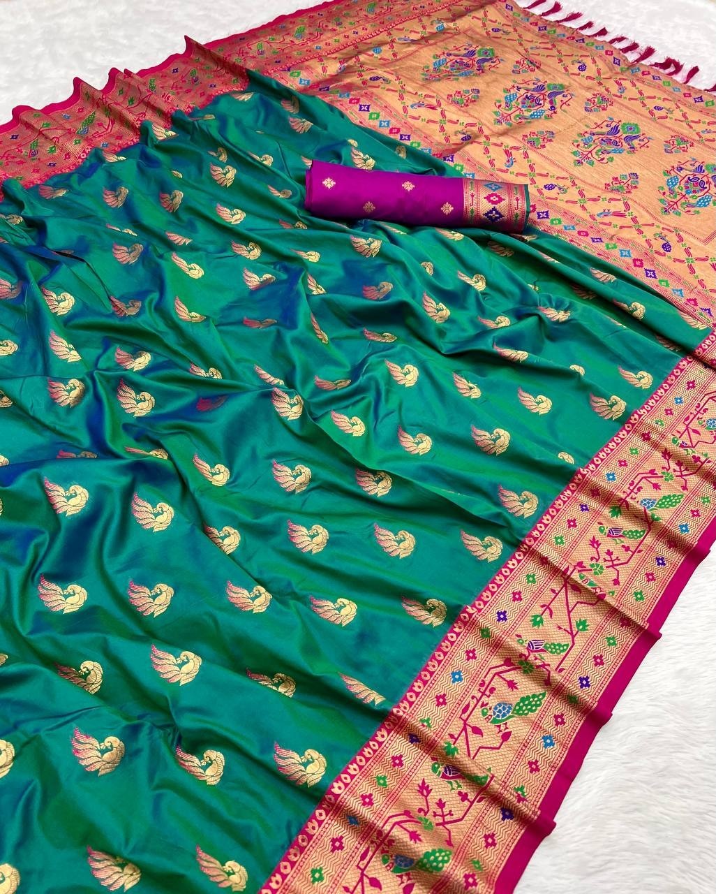 Pure Paithani Silk Saree With Rich Zari Border Peacock Design Indian Wedding