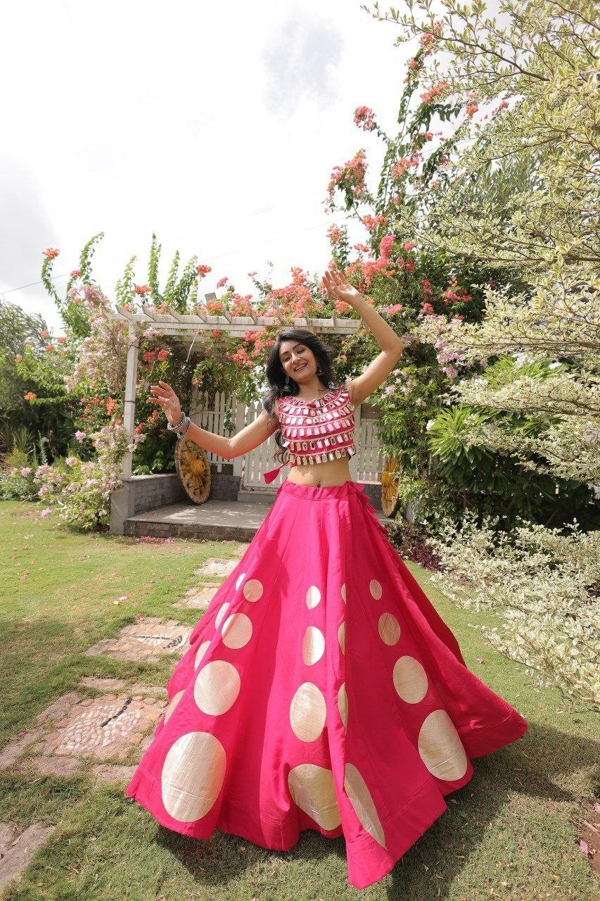Pink Roman Silk Lehenga Choli Mirror Lace Gota Work Party Wear Women