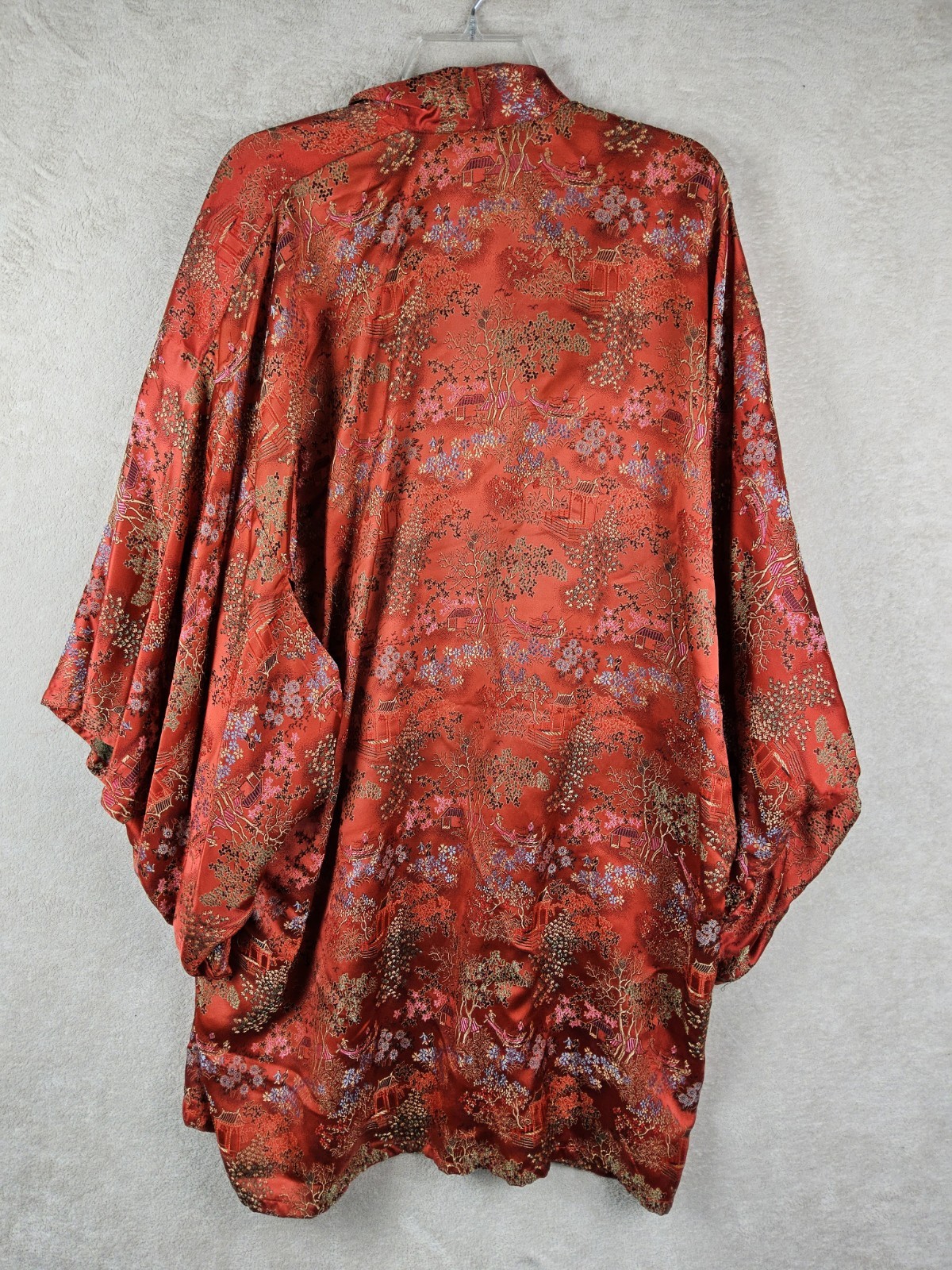 Vintage Double Peach Jacquard Chinese Kimono Robe Red Size XL
