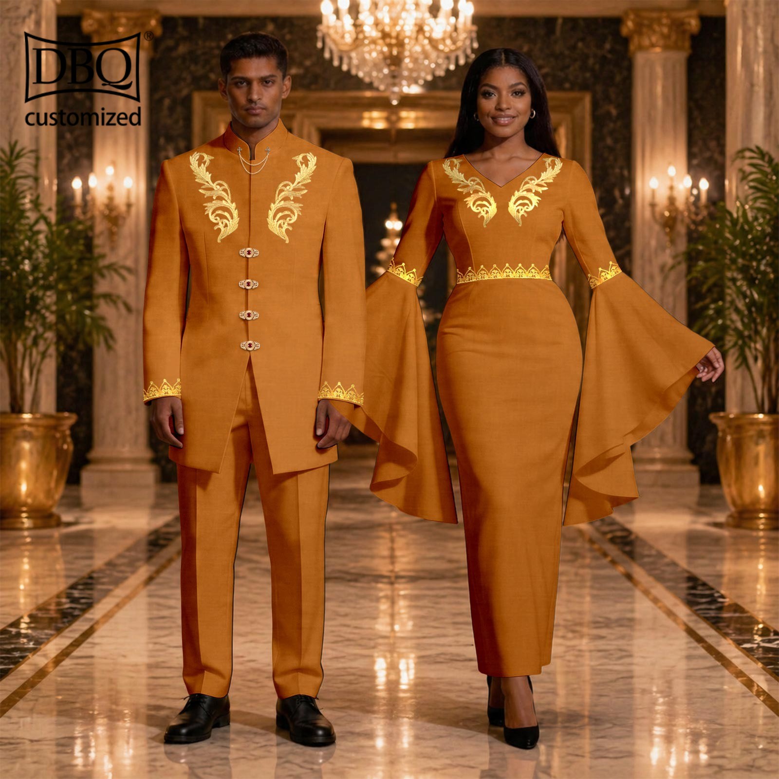 African Couple Wedding Clothes Tailor Made Men’s Jacket Pants Set Women Dress