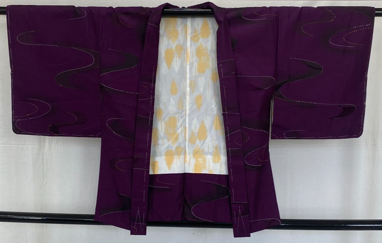 Japanese Vintage Kimono Haori Jacket Polyester Purple Traditional Authentic 30in
