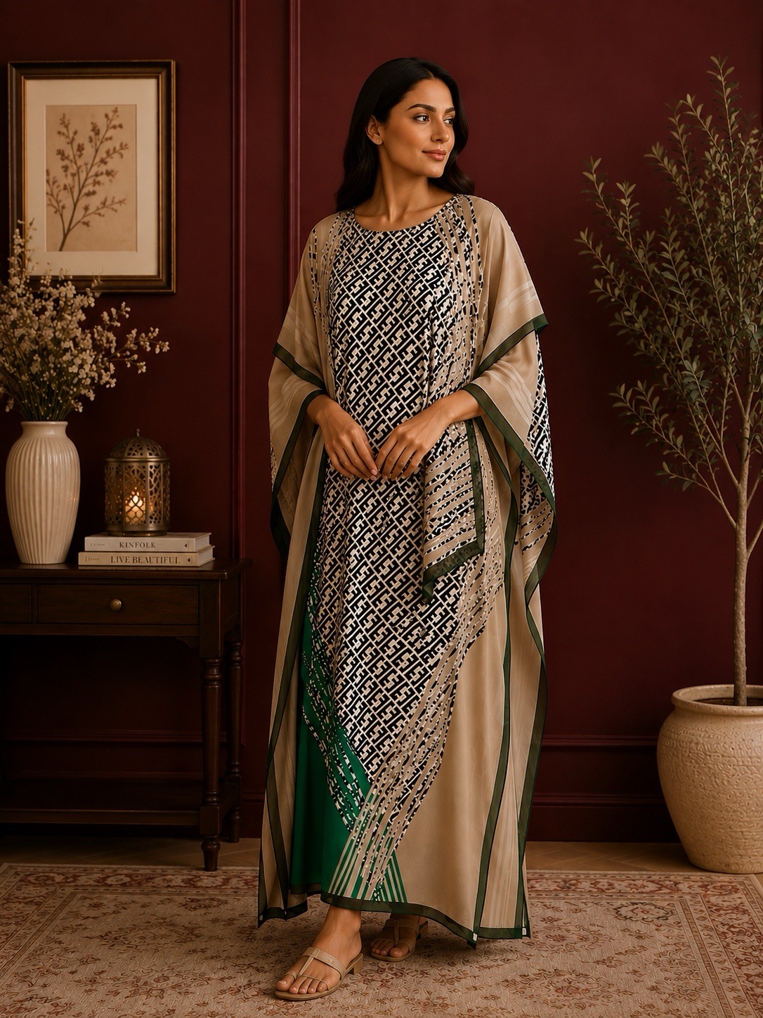 Long silky satin slip Kaftan Dress Geometric with scarf Boat Neck One Size