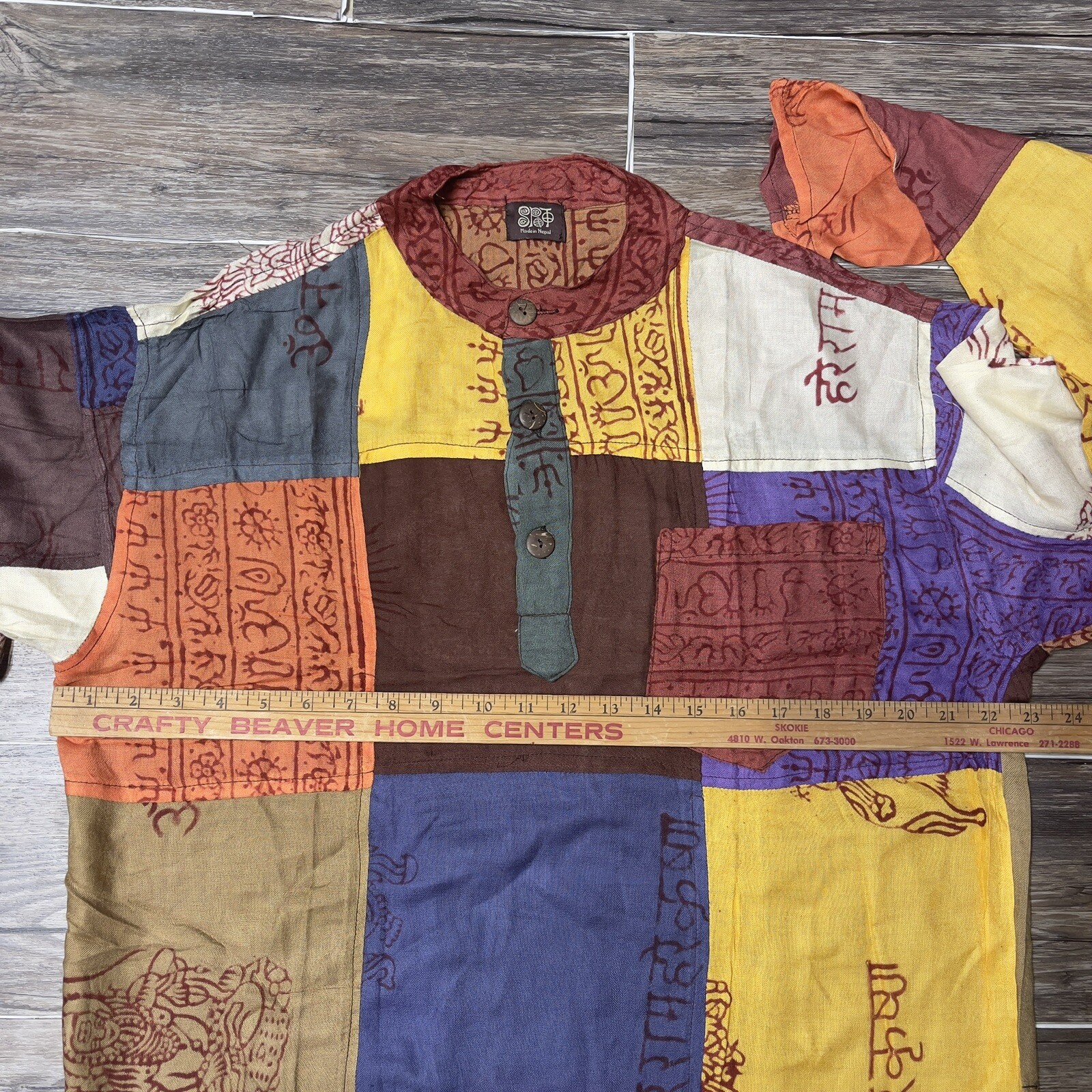 Hippie Hare Rama Hare Krishna Patchwork Yoga 3 Button Shirt Top Unisex L NWOT