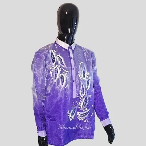 Monochromatic Hand Painted Barong Tagalog Jusi Organza Filipino Formal