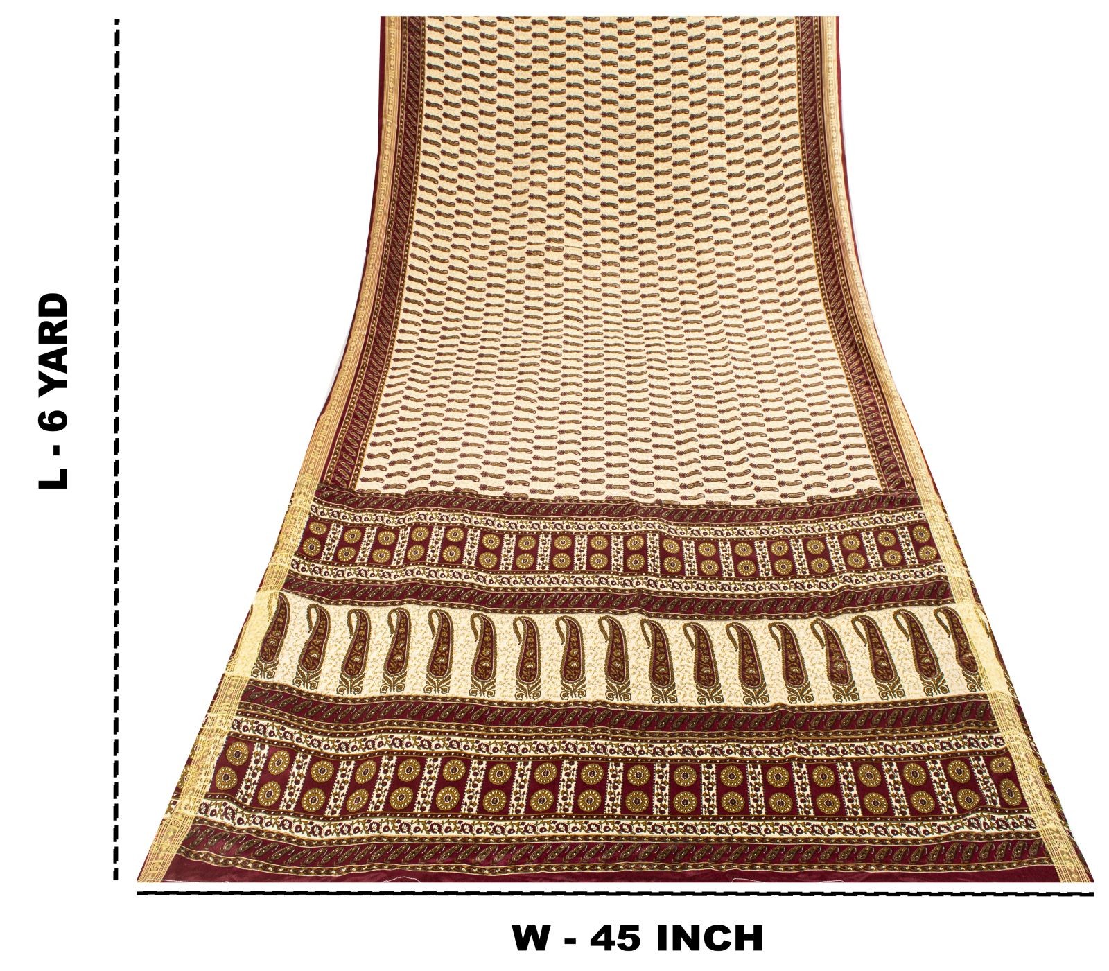 Sanskriti Vintage Beige-Wine Moss Crepe Saree Paisley Printed Fabric 6 Yard Sari