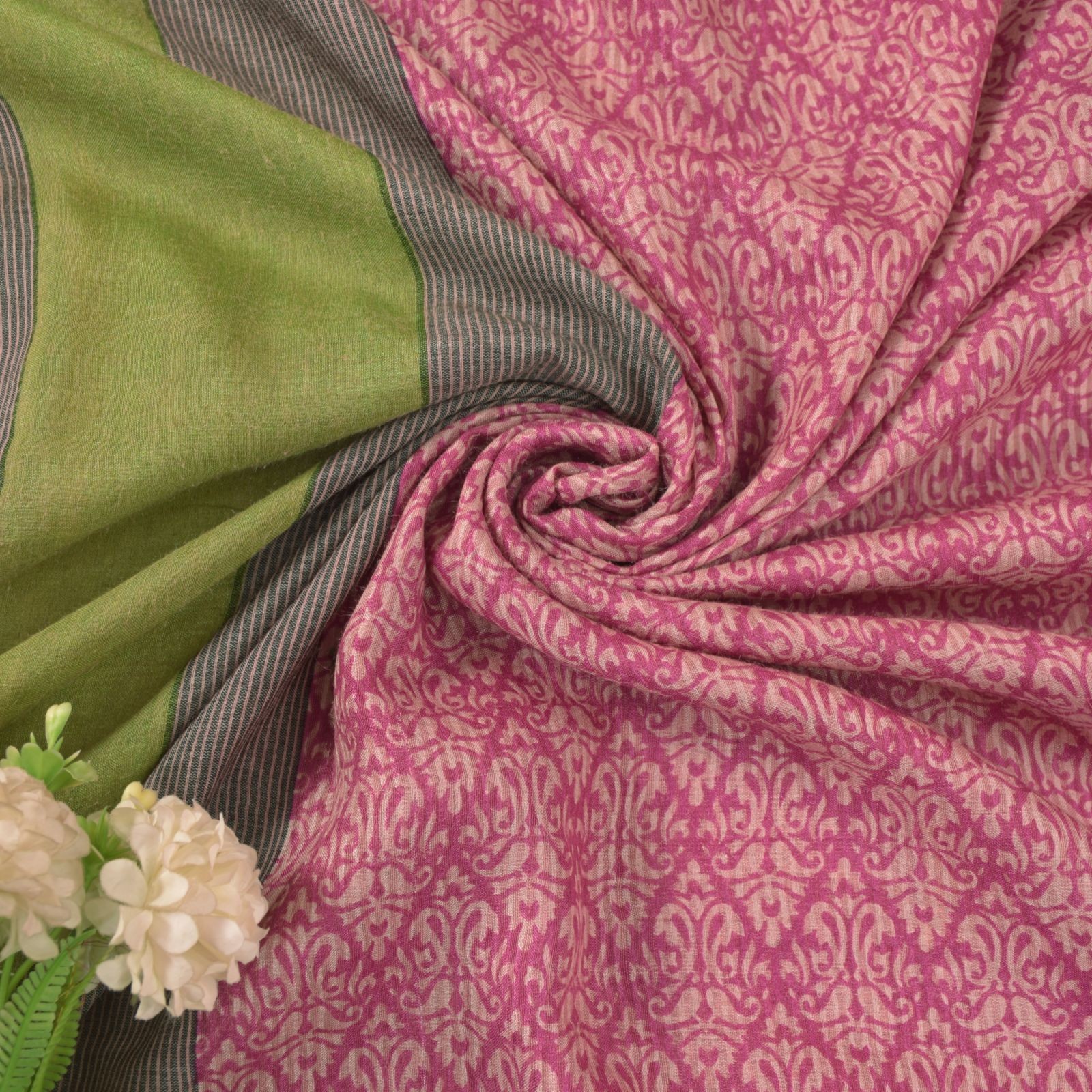 Sanskriti Vintage Pink Indian Sarees 100% Pure Woolen Fabric Printed Sari