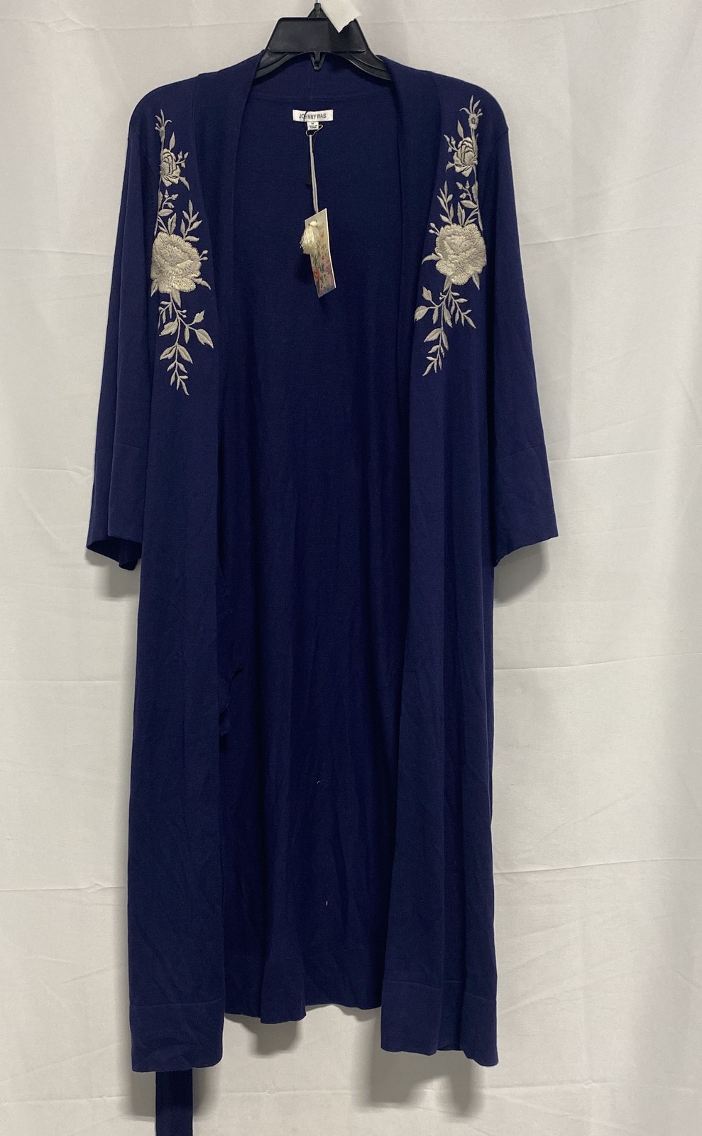 Johnny Was Women’s Navy Silk Cashmere Long Embroidered Kimono Sz M NWT