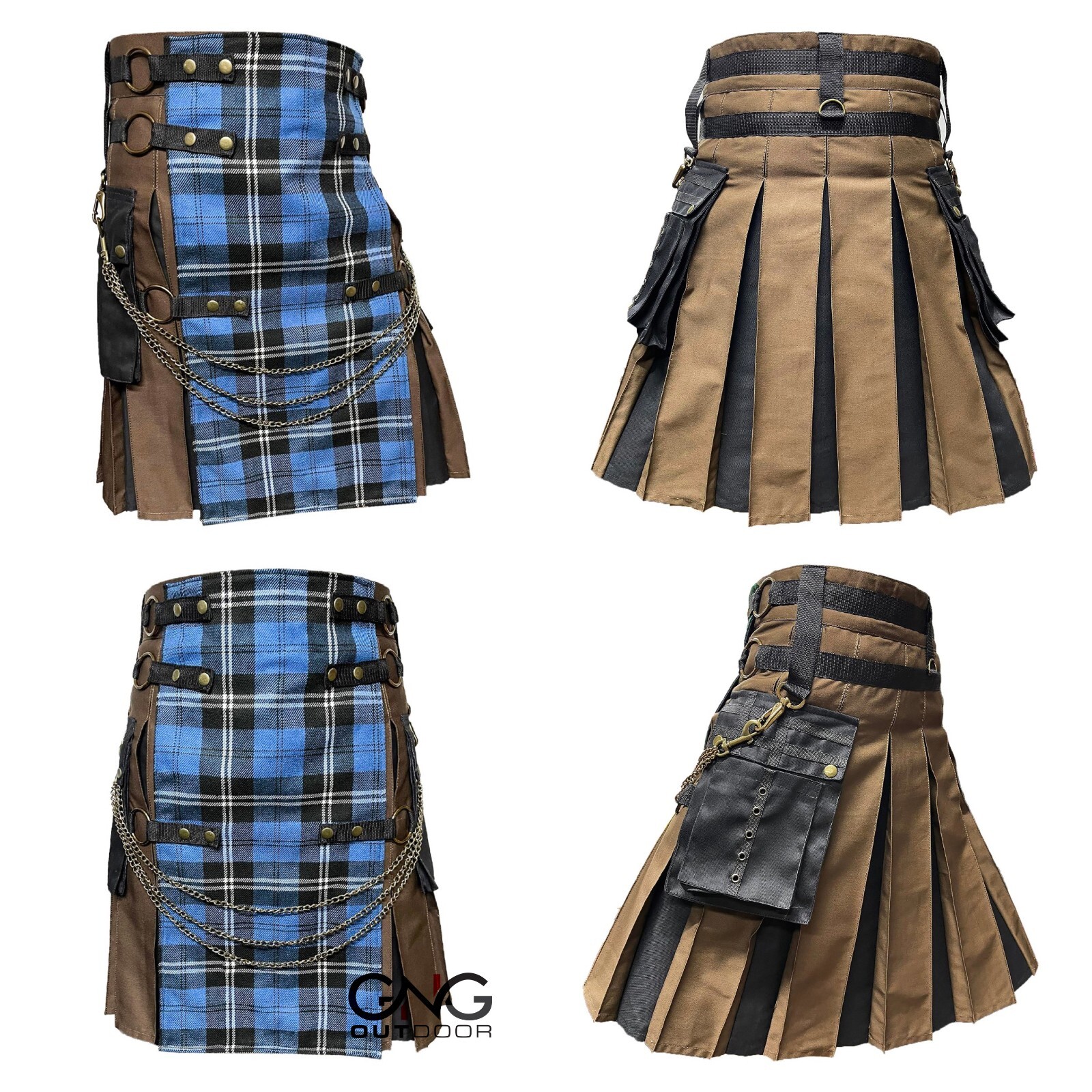 Men Scottish Gothic Kilt Ramsey Blue Tartan Front Apron Utility Kilt Size 28-62