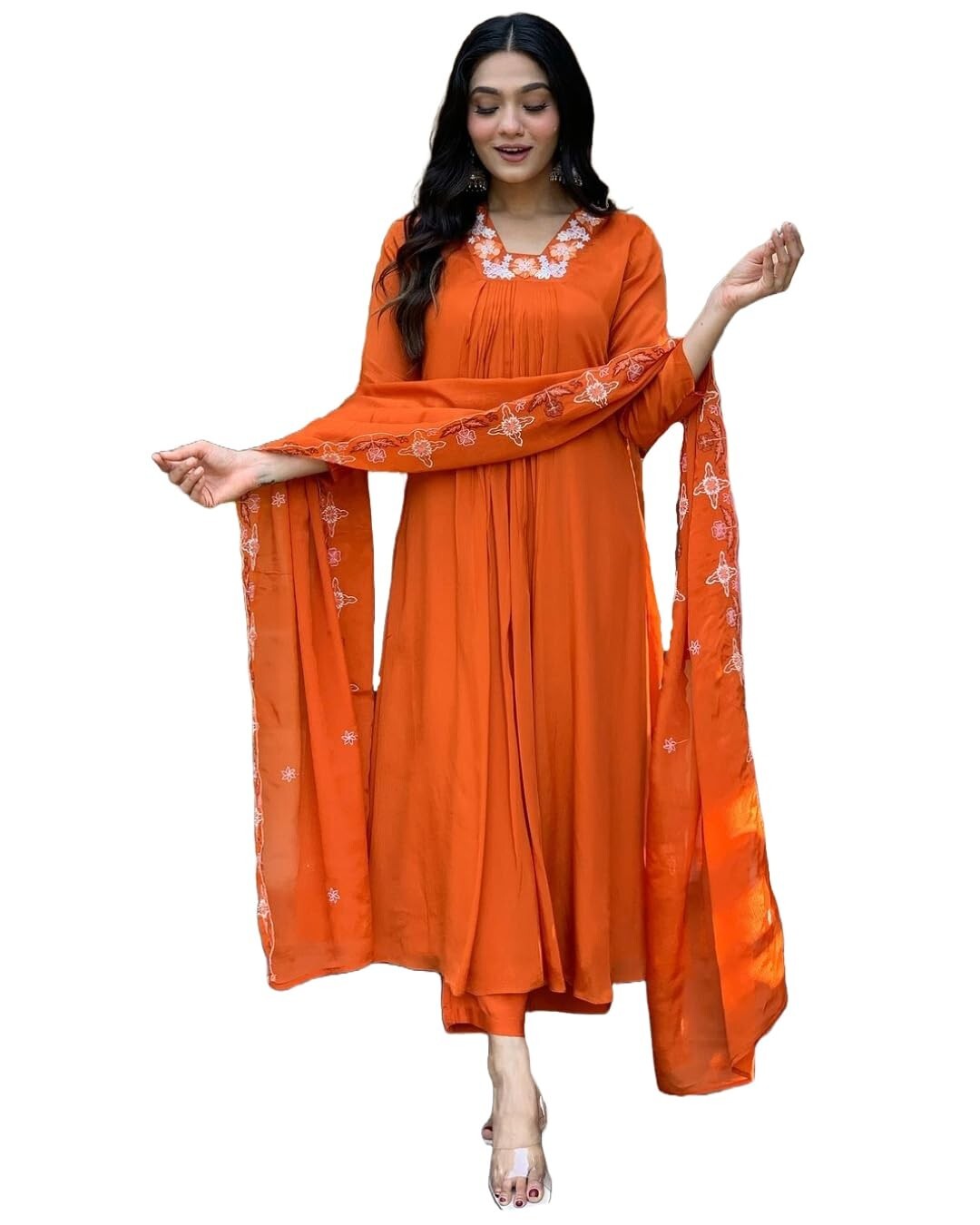Women’s Rayon Blend Anarkali Thread Work Kurta with Pant & Dupatta