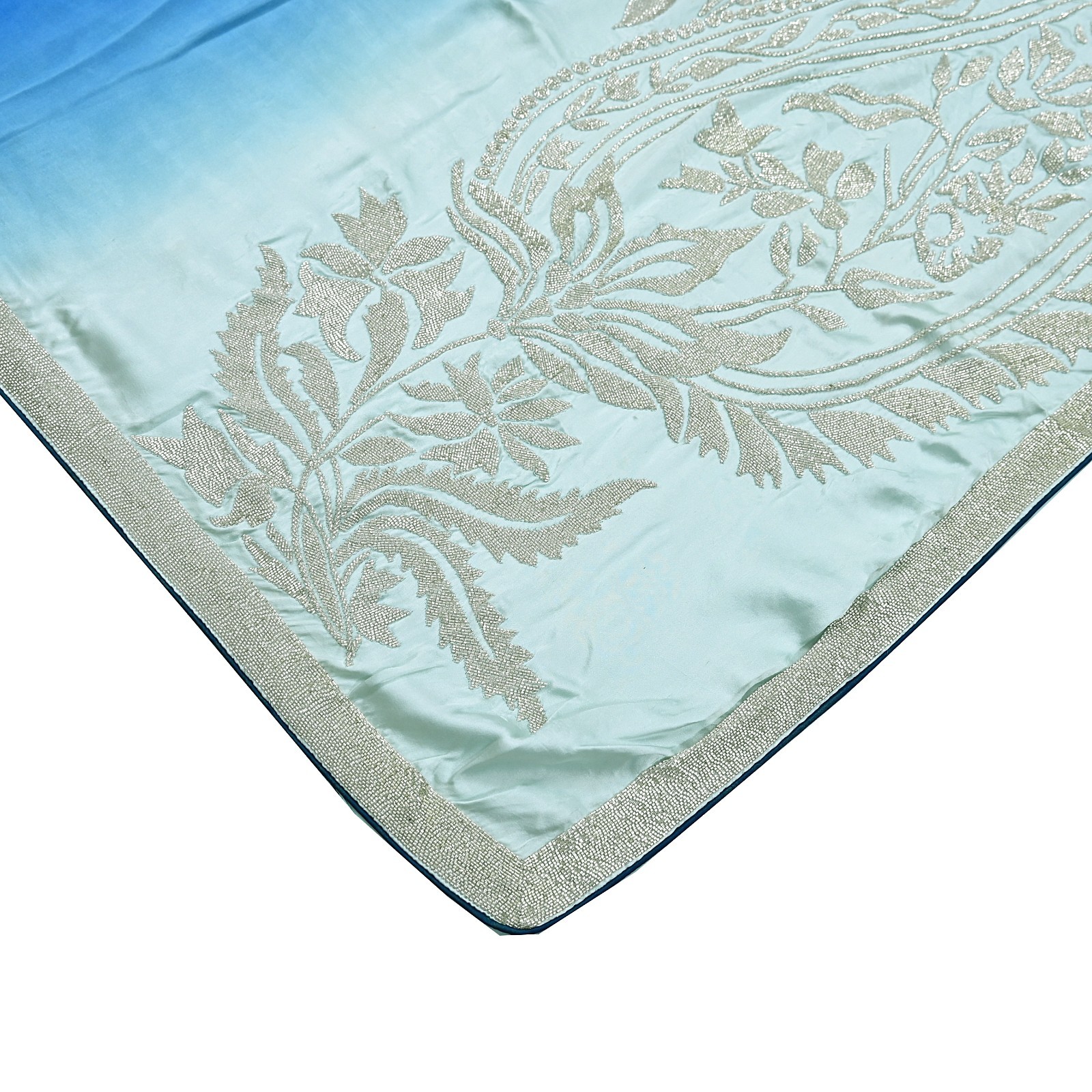 Rare Vintage Green & Blue Pure Satin Silk Saree Hand Embroidered Fabric 5.5 Yard
