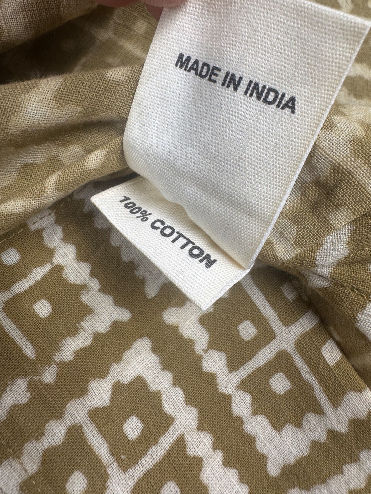 Fabindia Shirt Men 40 Large Olive Green Geometric Indian Henley Kurta Tunic Top
