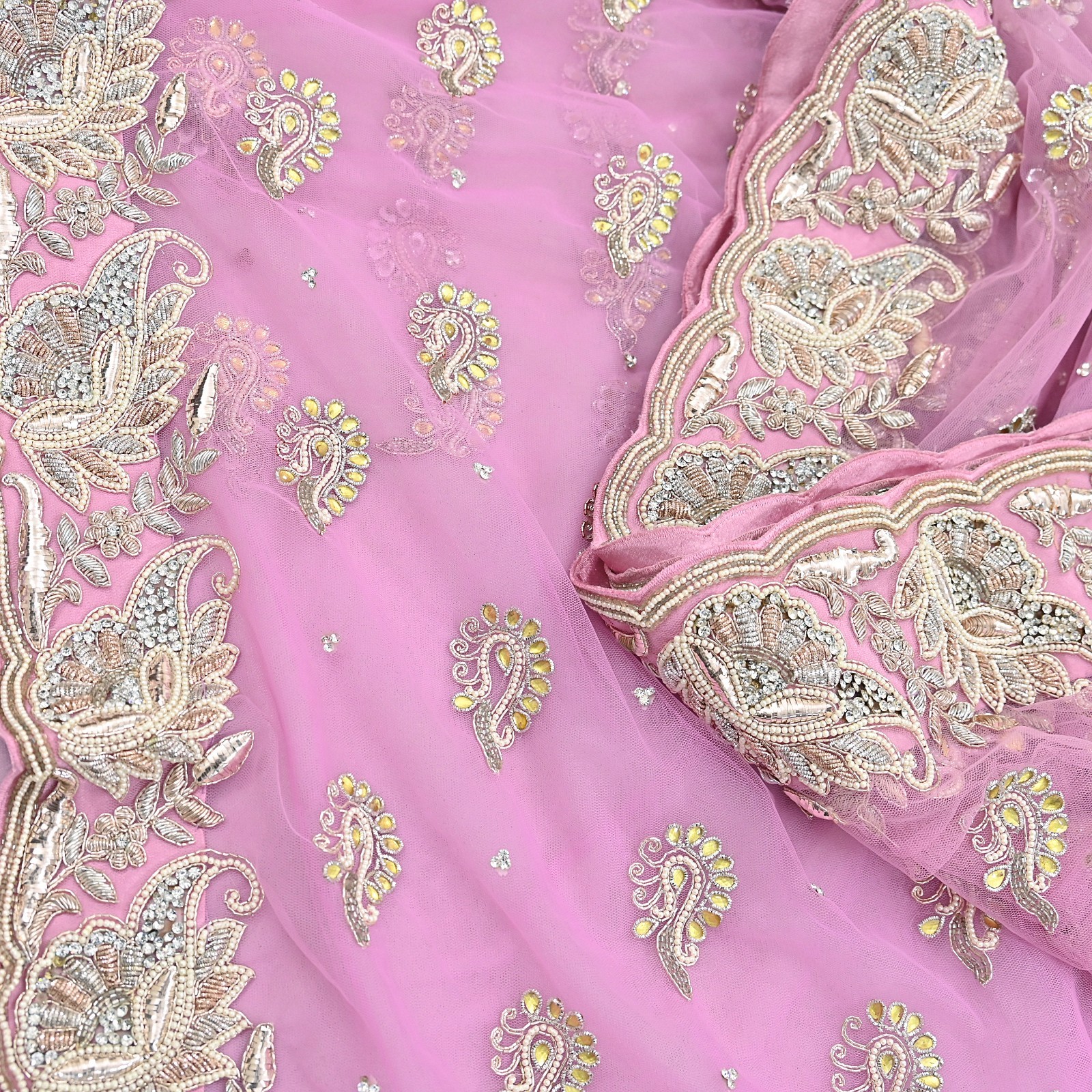 Indian Vintage Sari Pink Net/Mesh Hand Embroidered Anamika Khanna Designer Saree