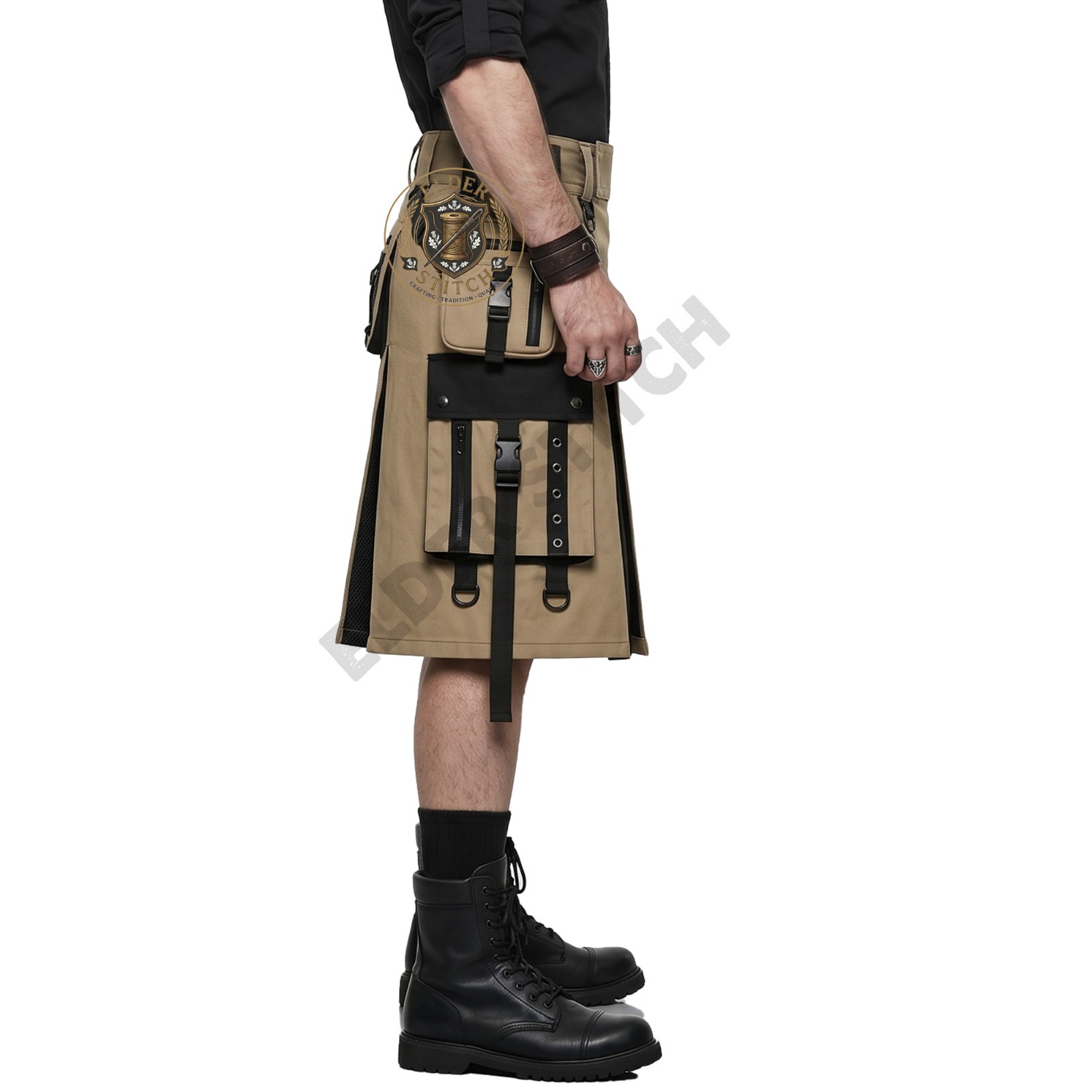 Men’s Utility Kilt Tan Black Cargo Cotton Tactical Hybrid Kilt for Festivals