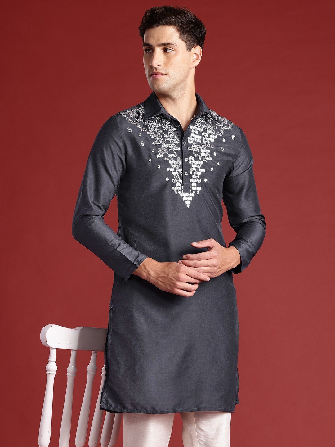 Men’s Embellished Straight Kurta – Charcoal & Jungle Green, Mirror Work – S-XXL