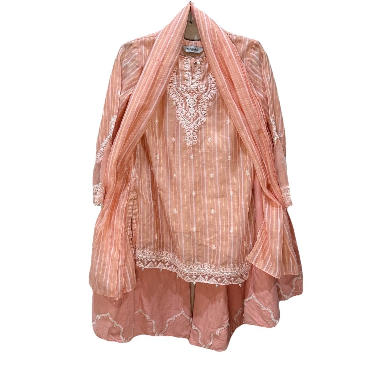Original Maria B Girls Suit Peach Stripe Cotton Embroidered Shalwar Kameez 12-14