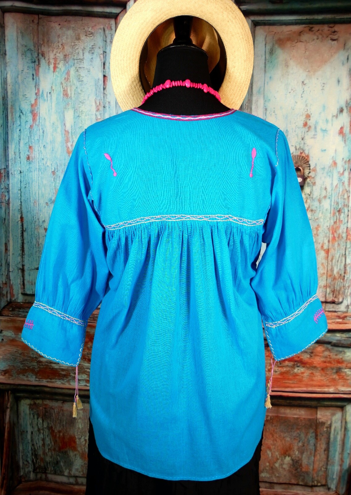 Lg Peasant Blouse Hand Embroidered Turquoise Cotton Mayan Chiapas Mexico Hippie