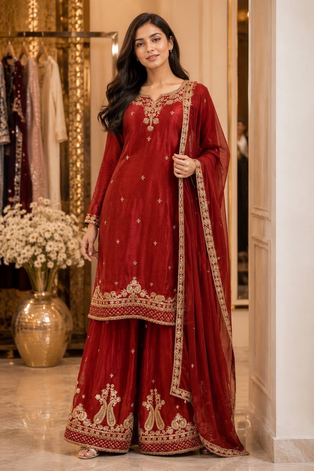 Women’s Readymade Pakistani Style Chinon Kurti Palazzo Dupatta Set Ethinic Suit