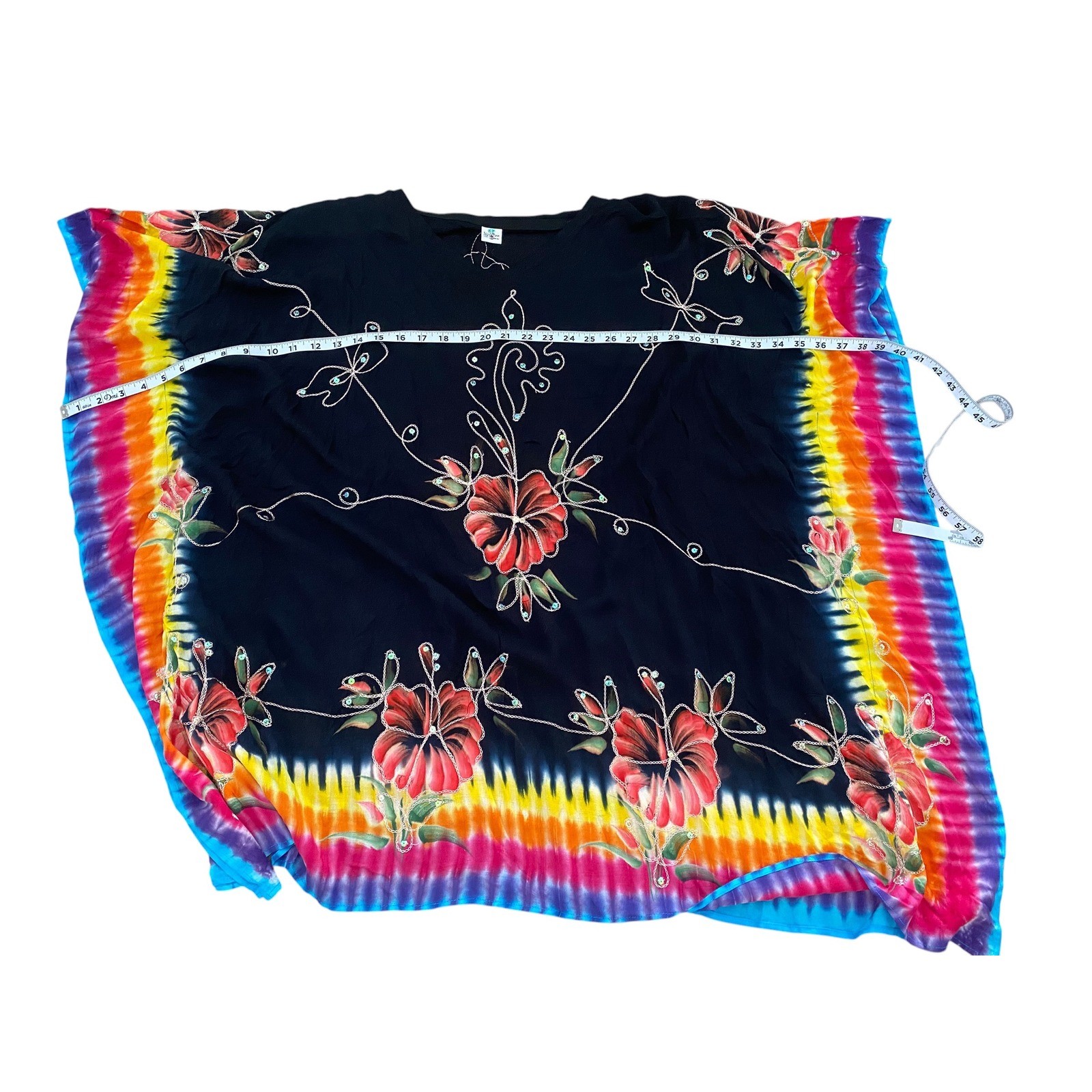 Island Planet Beaded Embroidered Floral Tie Dye Sequin Black Kaftan Cover Up OS