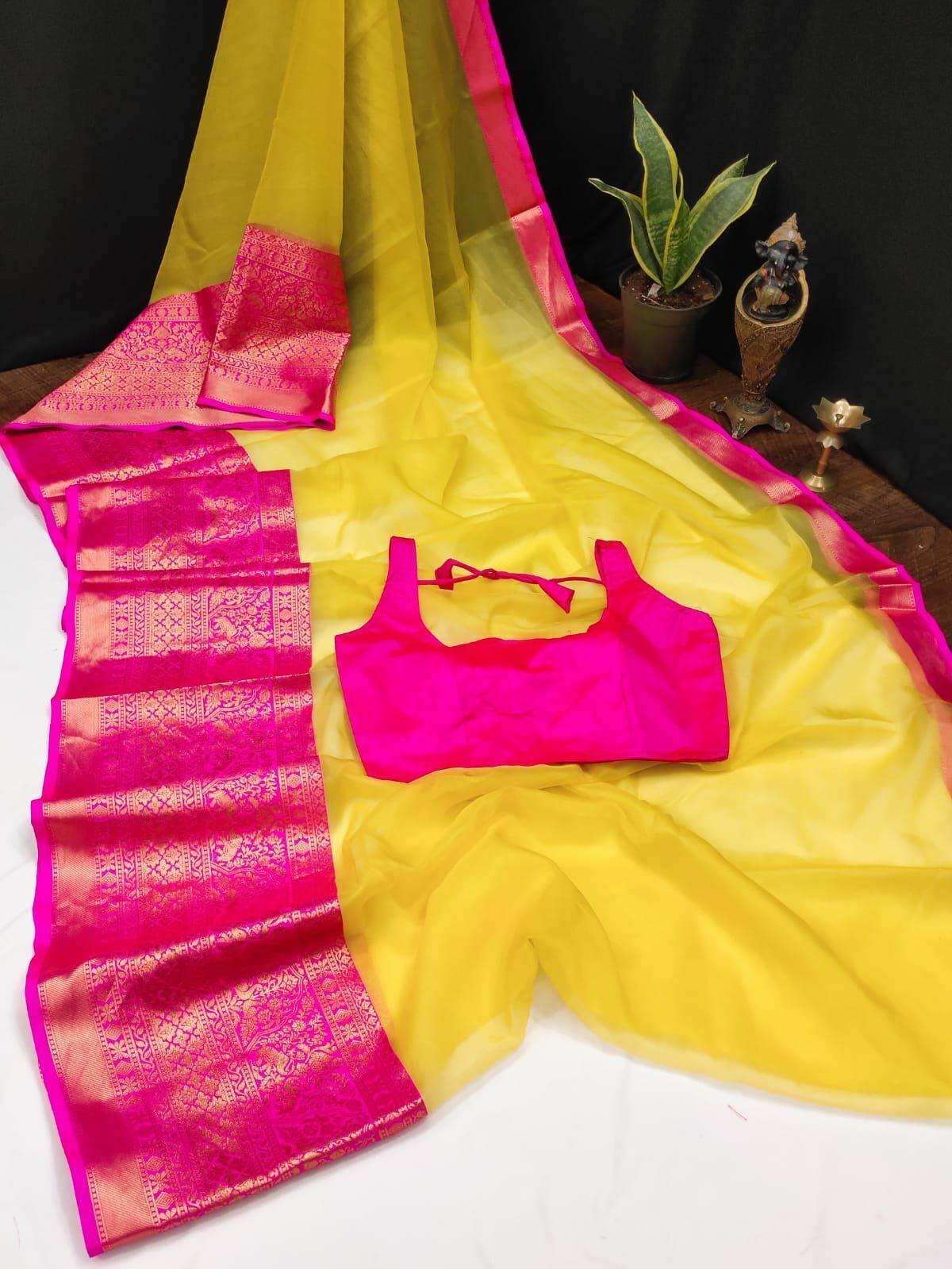 Soft light weight pure Organza jacquard saree with ready made blouse