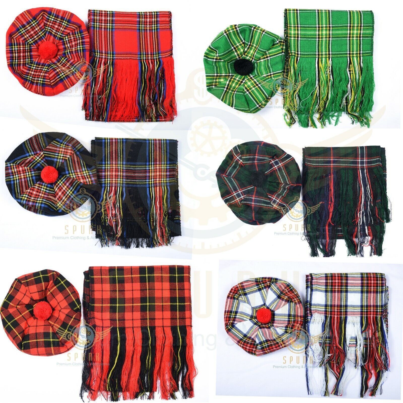 Tam o’ shanter Flat Bonnet Hat / Tammie Cap With Scarf 100rylic Tartan