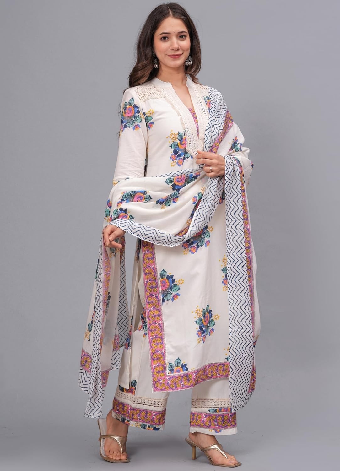 Women’s Pure Cotton Printed Straight Kurta Set with Palazzo Pants & Dupatta