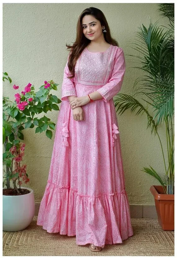 Women Cotton Rayon Anarkali Gown Kurta Set Indian Bollywood Designer Kurti Set