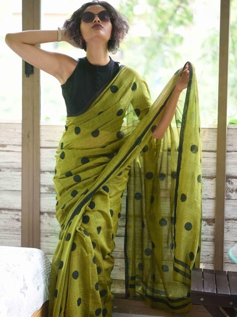 Women’s Polka Dot Printed Linen Cotton Saree With Unstitched Blouse Piece