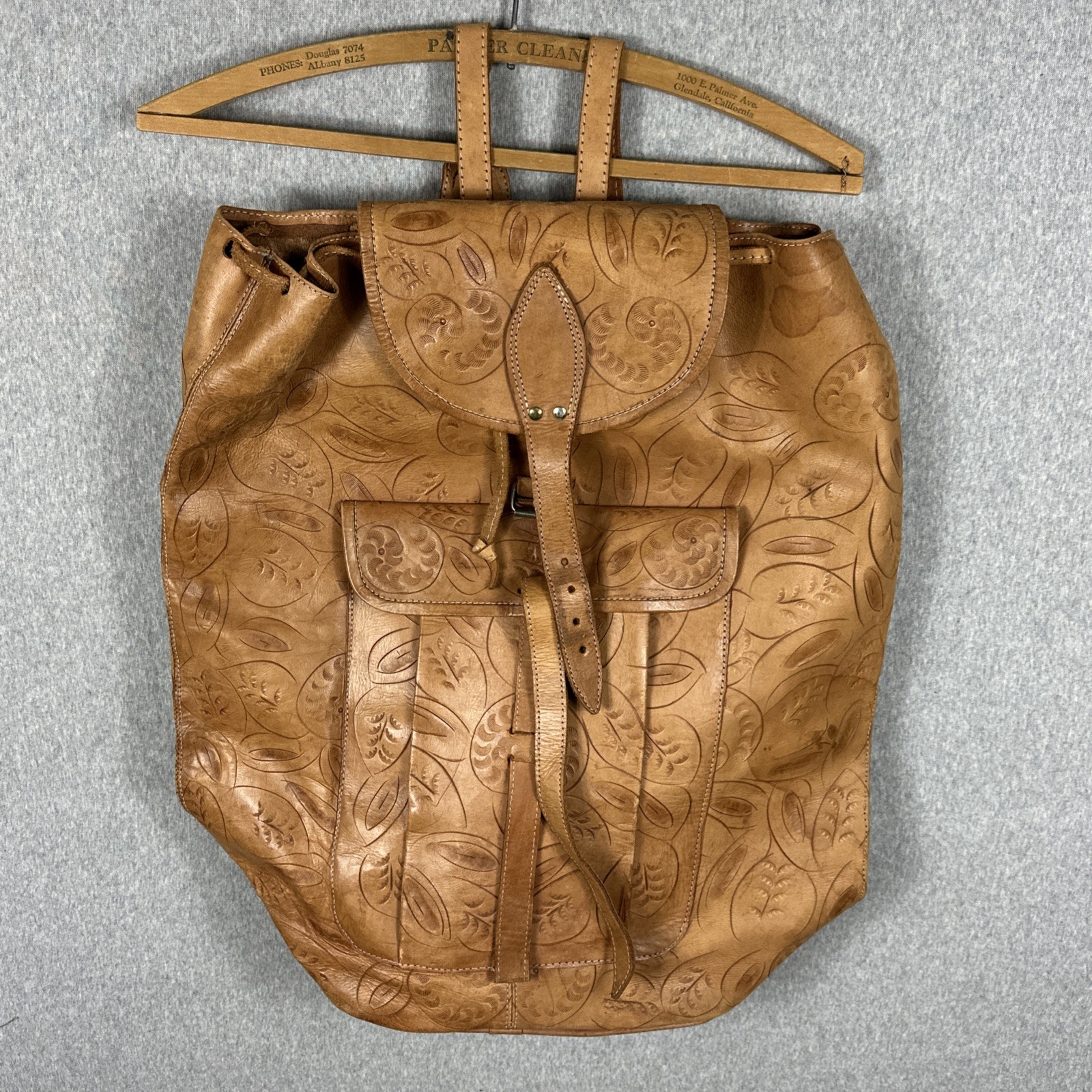 Vintage Leather Backpack Large Adjustable Made in PARAGUAY Bucket Tan Embossed