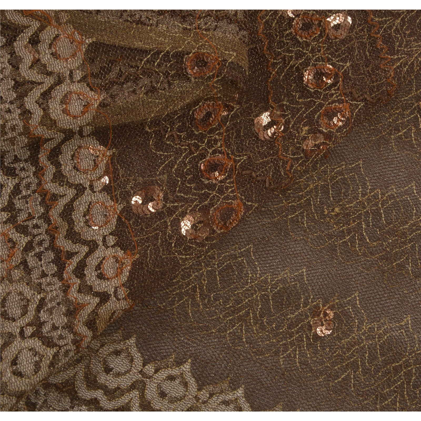 Sanskriti Vintage Brown Saree Net Mesh Hand Beaded 5Yd Sari Craft Fabric Premium