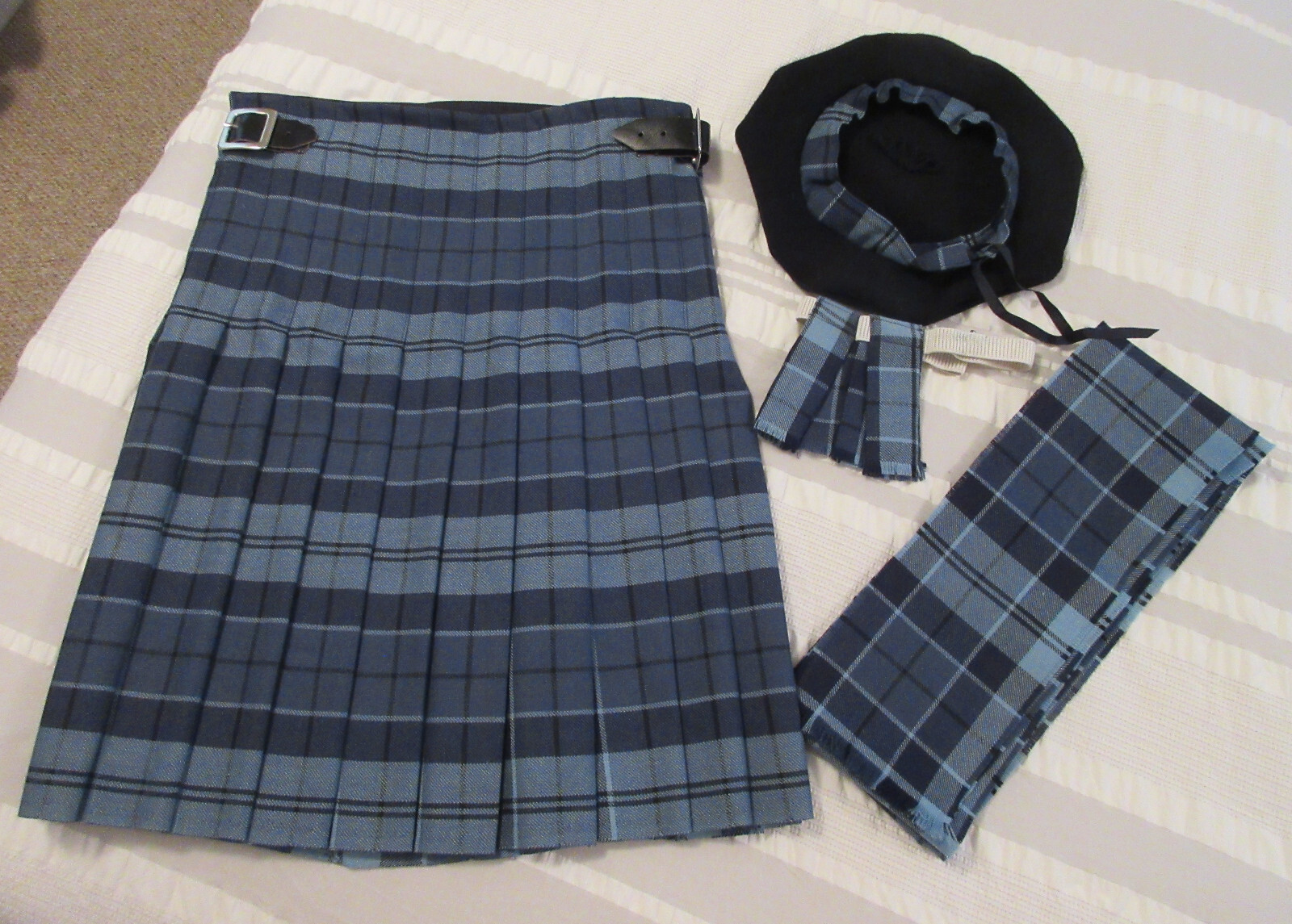 The Shirley Family Plaid Tartan Kilt, Sash, Flashes, Tam, Size 32″, Length 23″