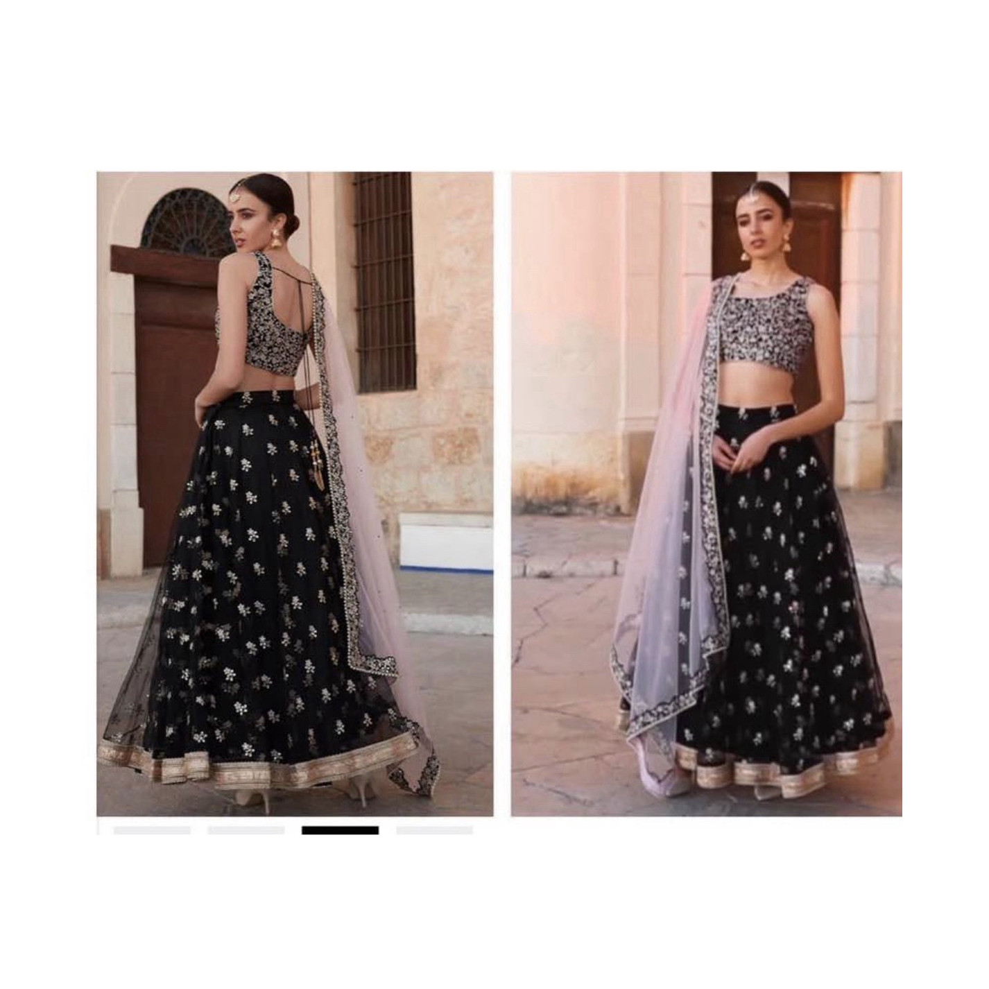 Unstitched Lashkaraa Women Black Embroidered Net Lengha Lehenga Choli Dupatta