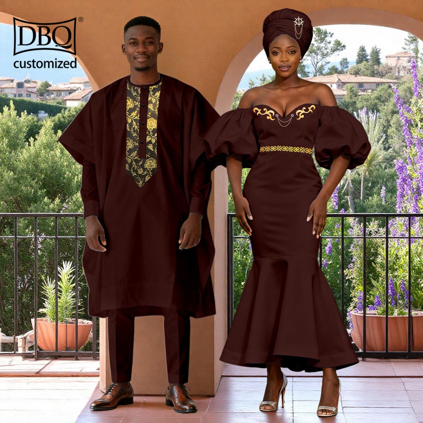 African Couple Clothes Men’s Agbada Shirt Pants Set Women Dress with Headwrap
