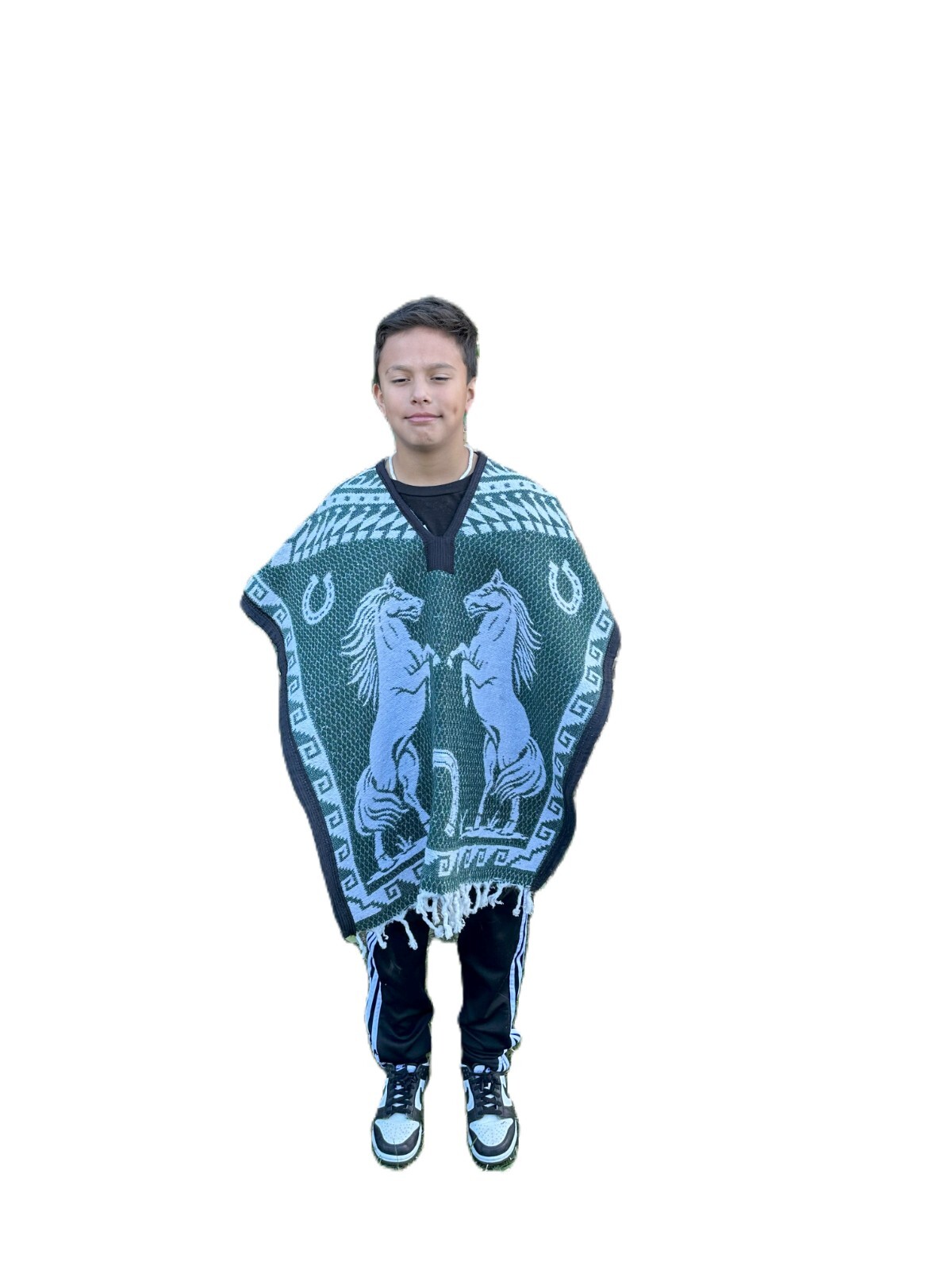 KIDS PONCHO ,COSTUME , BLANKET GABAN ,6-12 YEARS , HORSES , GREEN