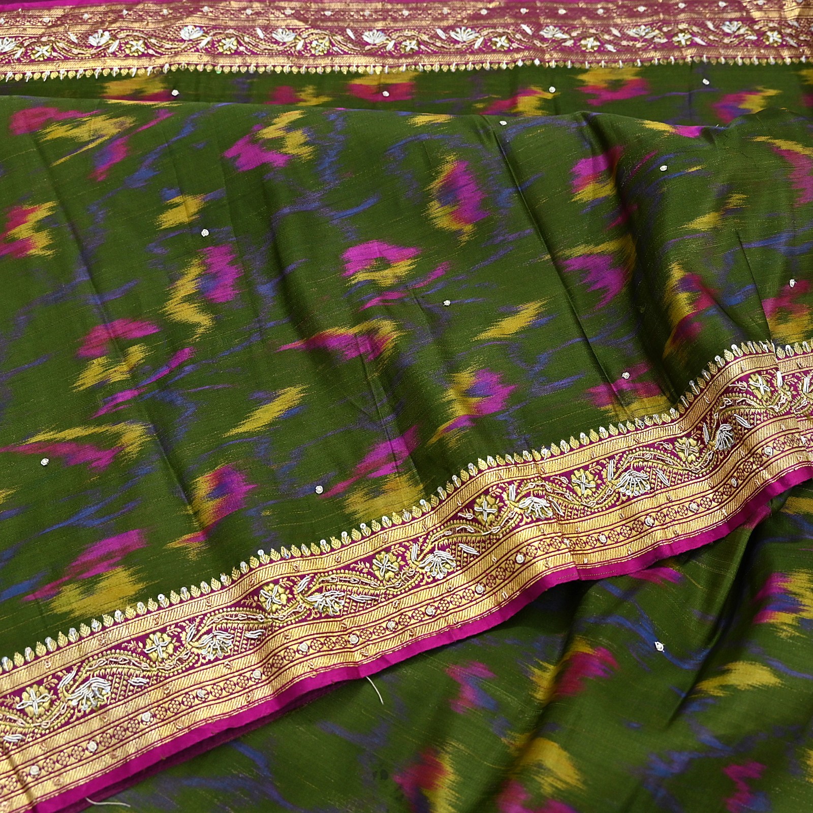 Vintage Multi Heavy Sari Pure Satin Silk Woven Banarasi Tanchoi Embroidered 5yd