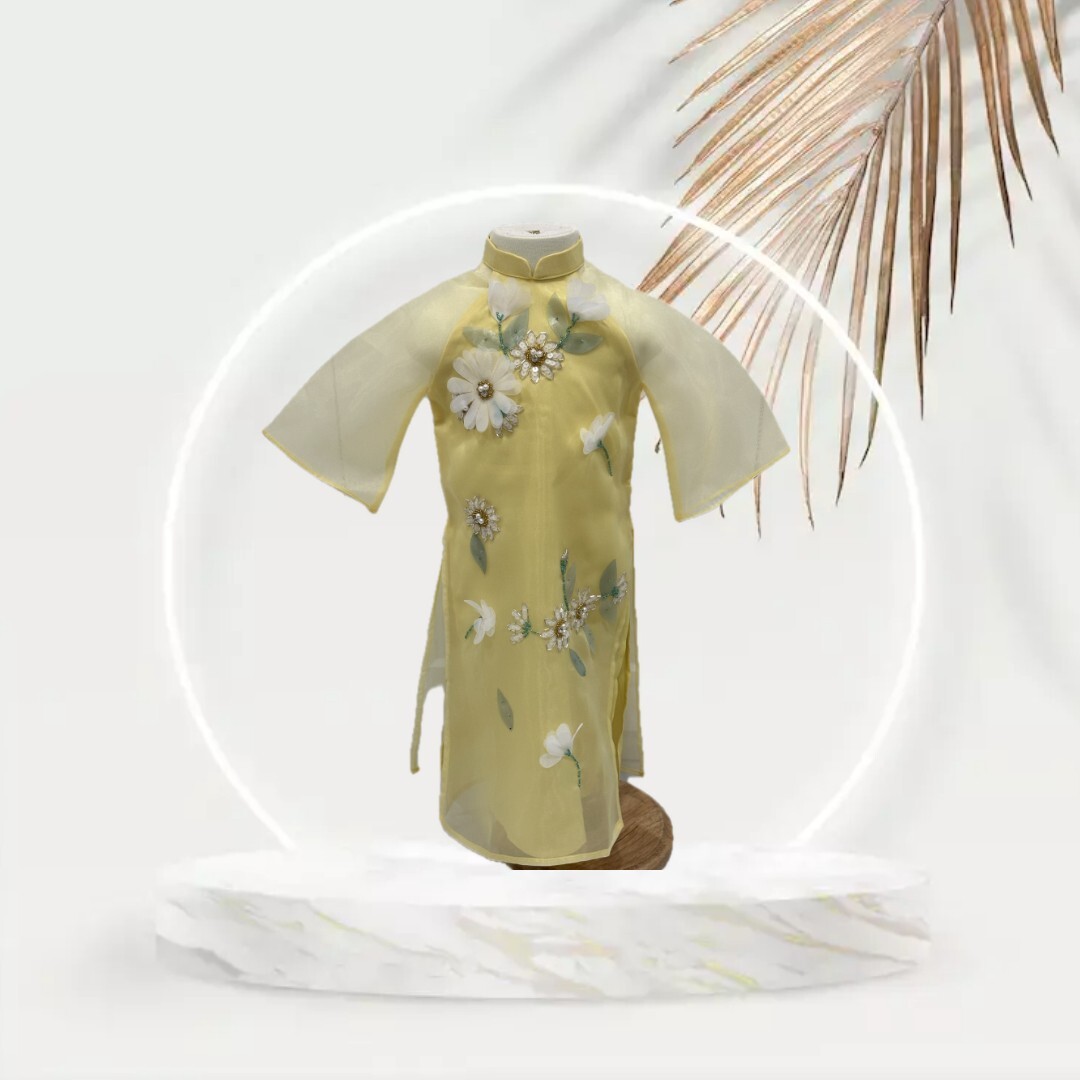 Yellow Vietnamese Ao Dai with Green Pants for Girl. Complete Set