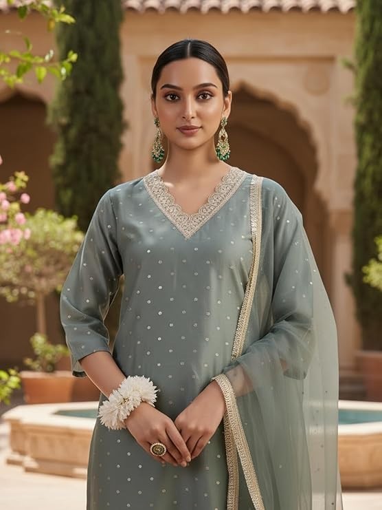 Cotton Silk with Zari Embroidery Kurta & Silk Crepe Pant Set And Net Dupatta