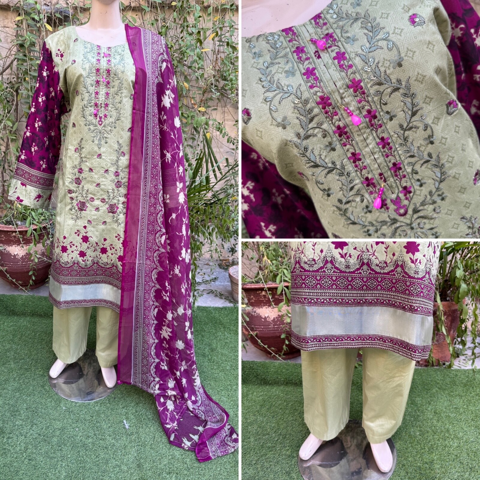 Pakistani Pista Green Printed Straight Shirt 3-PCS Lawn Suit w/ Thread work ,XL
