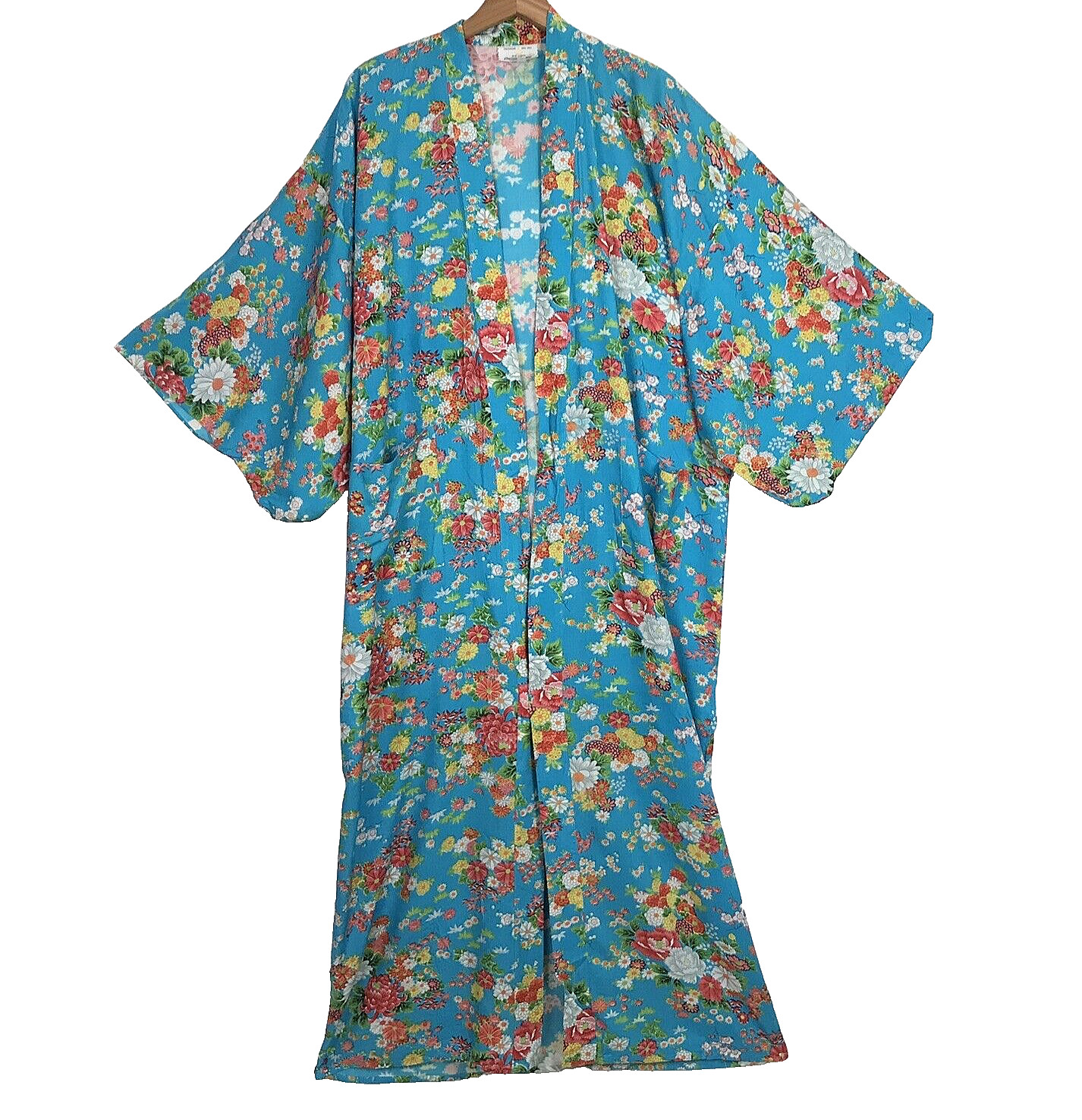 Empress Fashions Long Kimono Womens L Turquoise Floral Rayon Maxi Pockets JAPAN
