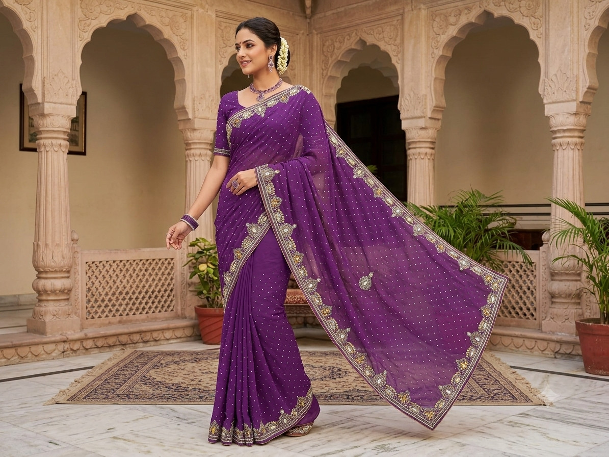 Women Purple Pure Georgette Handwork Saree with Unstitched Blouse Piece