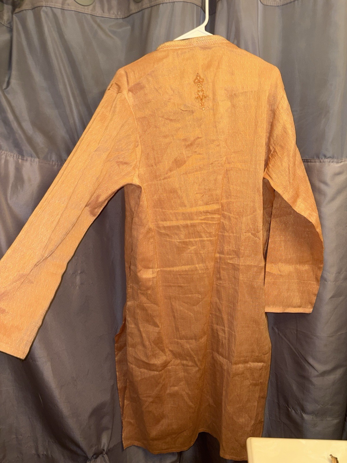 Men’s Embroidered Silk Satin Kurta Long Sleeve Brown Traditional Tunic L