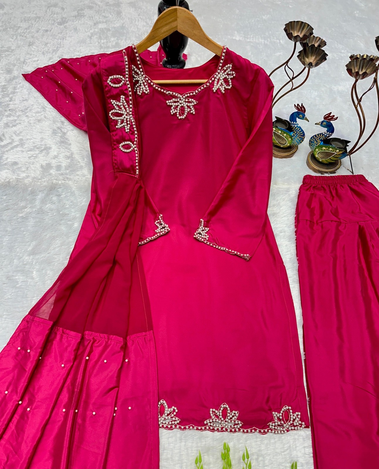 Embellished farshi shalwar suit dupatta set in 5 colours for festive wear