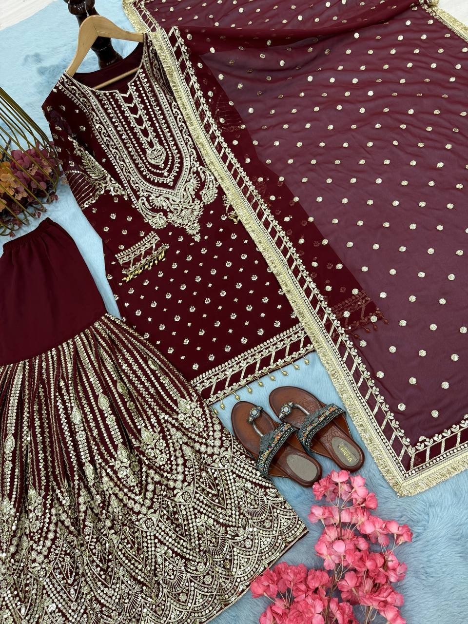 Indian Designer Wine Faux Georgette Kurta Palazzo With Dupatta For Women & Girls