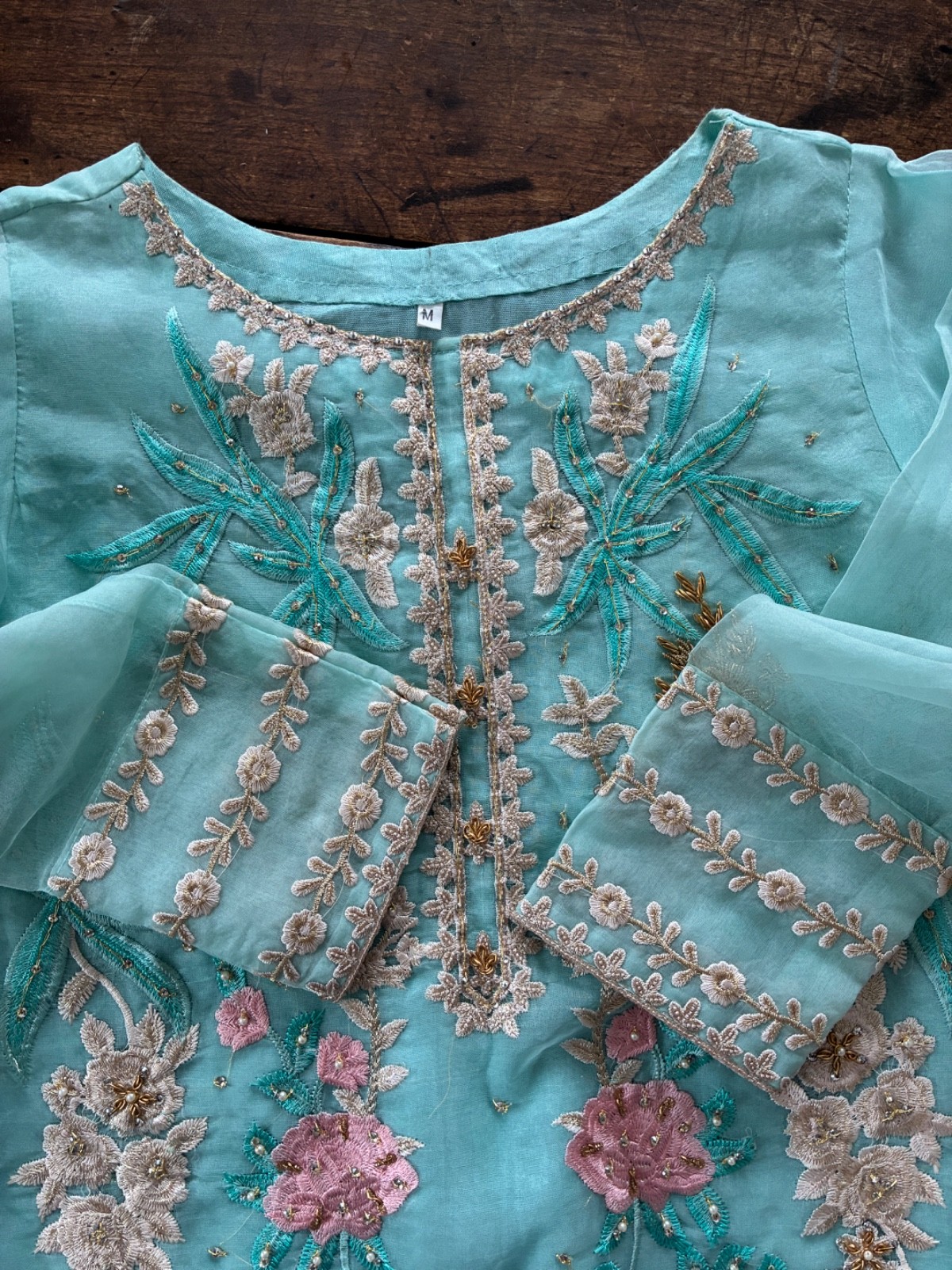 Agha Noor Embroidered Designer Gold turquoise blue pink Pakistani Dress Medium