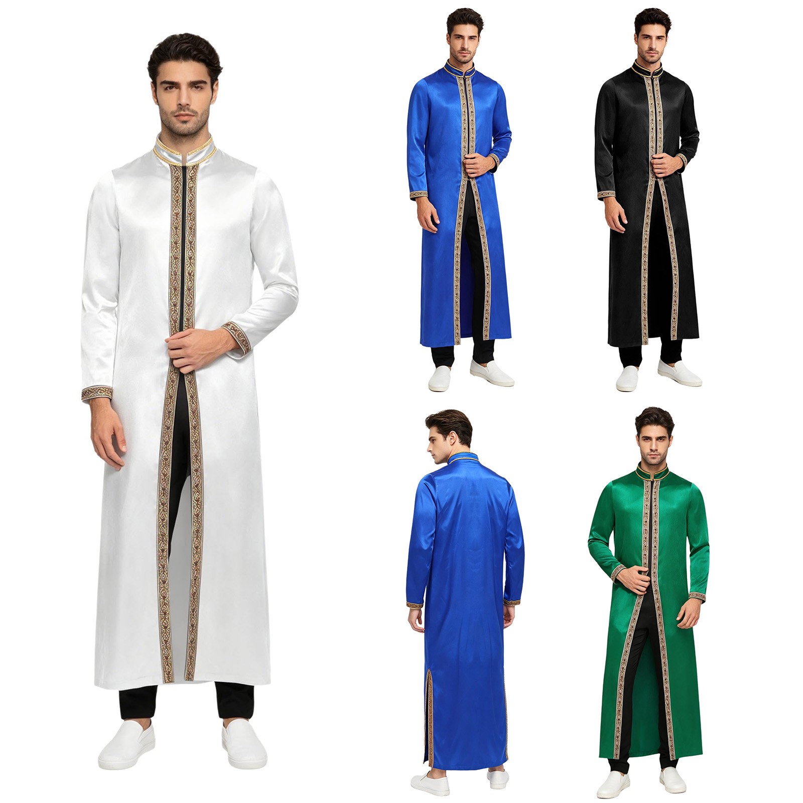 Men Thobe Satiny Muslim Robe Pulpit Costume Clergy Gown Pastor Front Zip Choir