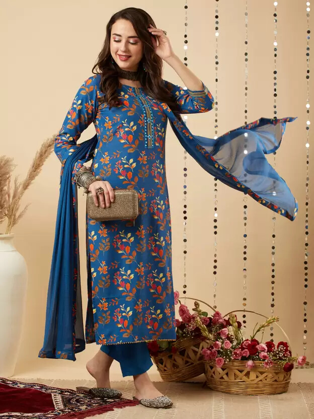 Women Designer Kurta Pant Dupatta Set Indian Bollywood Cotton Rayon Tunic Kurti